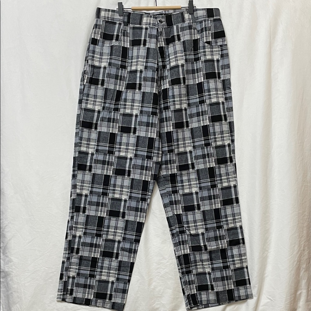 Ablanche 90’s Skater Throwback Black White & Gray Plaid Men's Loose Pants, 38x32